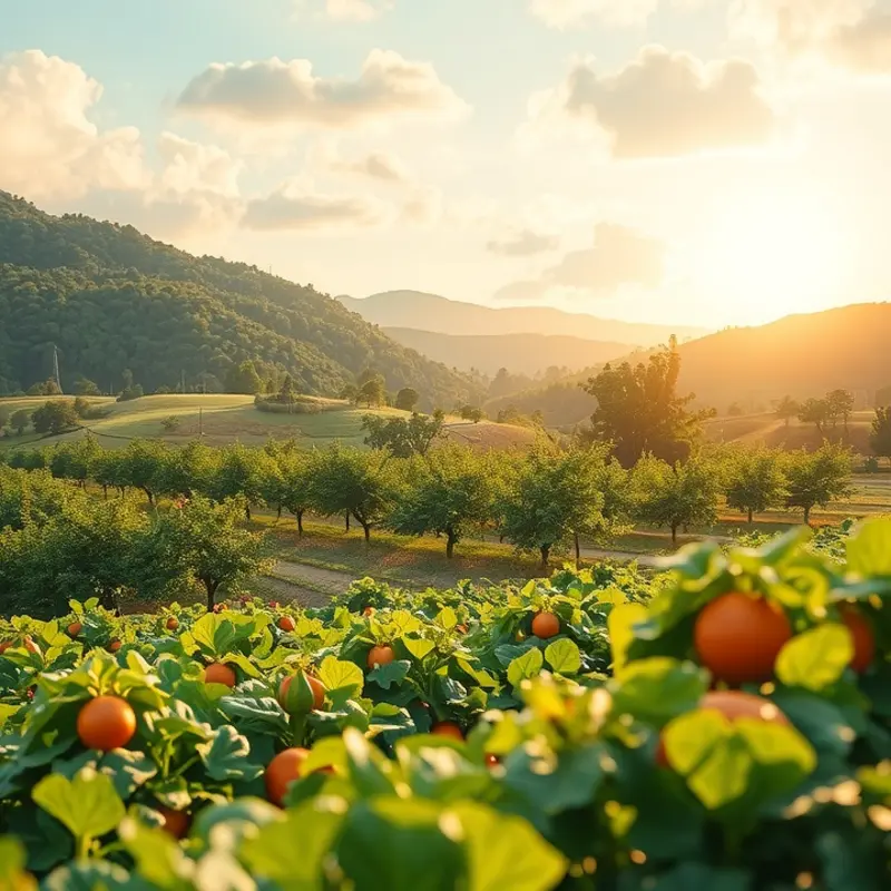 A sunlit orchard filled with vibrant, organic produce reflecting nature’s bounty.
