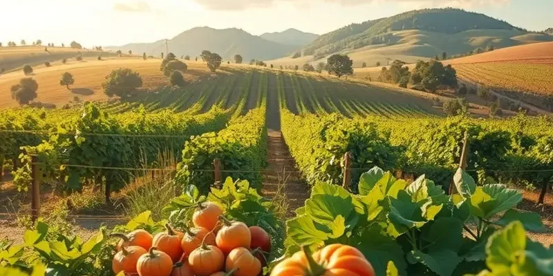 A vivid landscape highlighting a variety of organic vegetables thriving in a sunlit field, surrounded by nature.