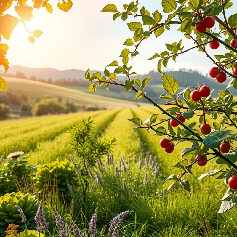 A sunlit field showcasing the abundance of organic vegetables and fruits.