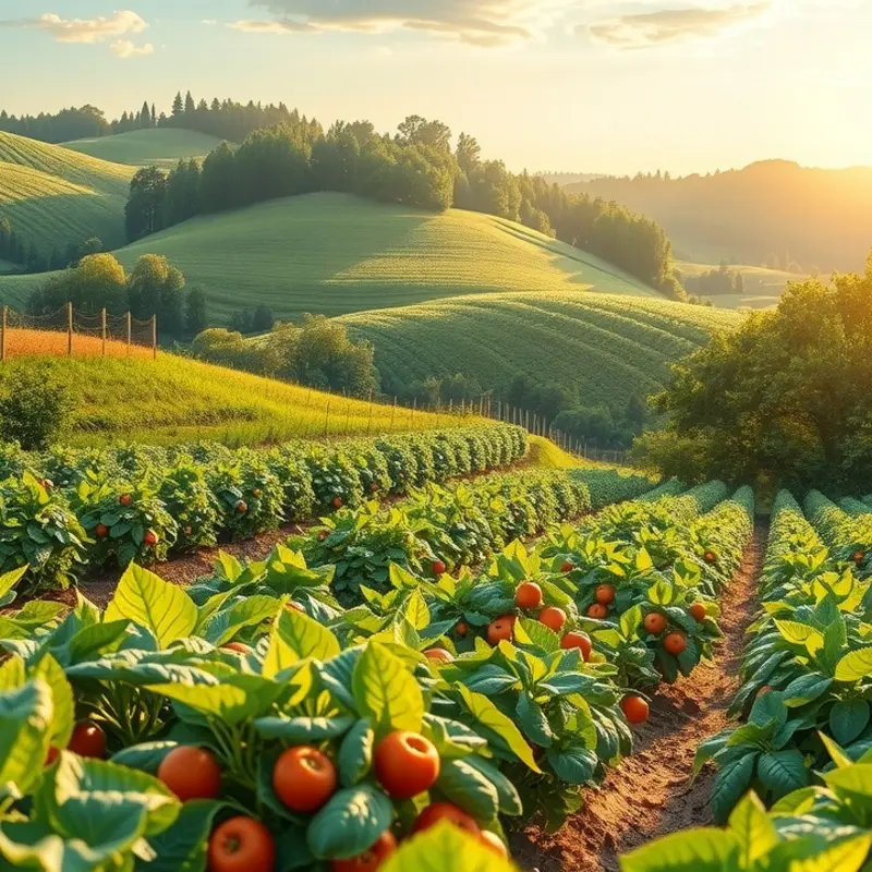 A sunlit field teeming with ripe vegetables and fruits, representing healthy eating.