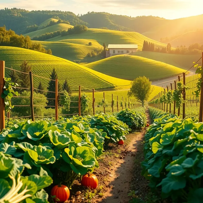 A vibrant orchard filled with lush fruits under warm sunlight.