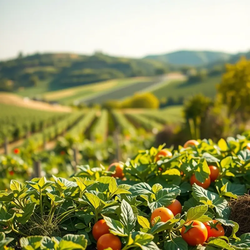 A sunlit organic field filled with vibrant vegetables and fruits.
