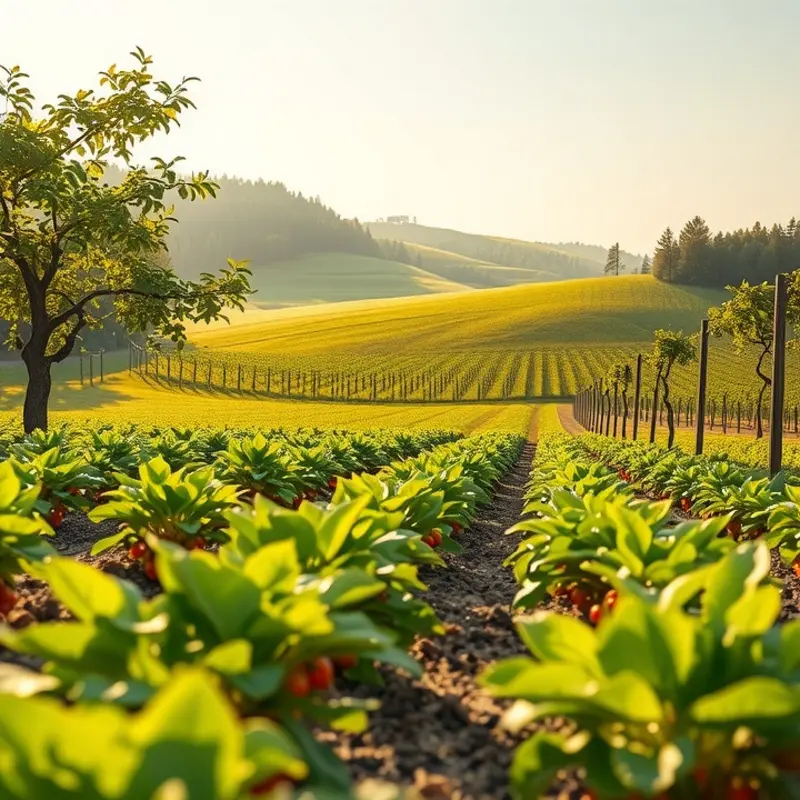 A sunlit field showcasing a variety of vibrant organic produce.