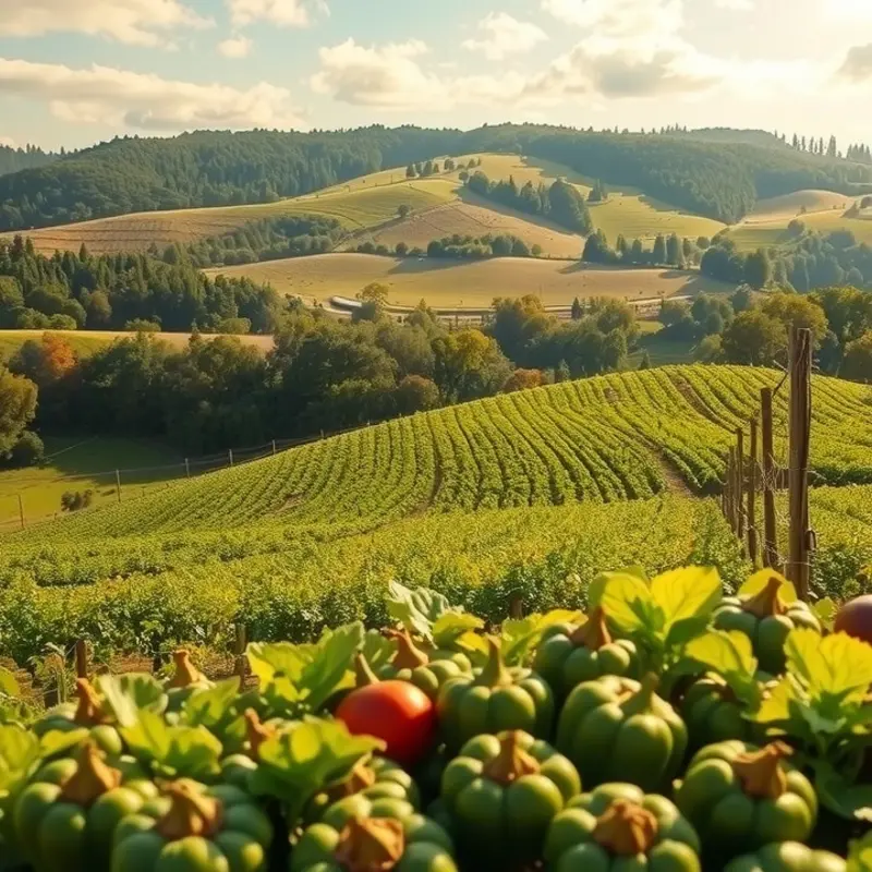 A serene sunlit field with vibrant fruits and vegetables, showcasing the beauty of organic produce.