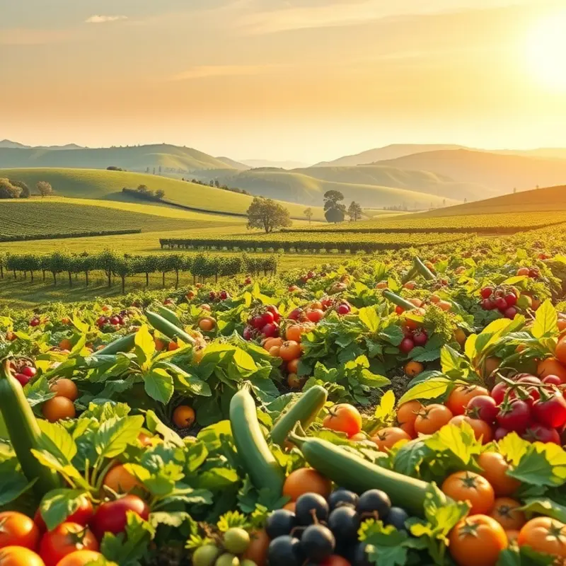 A vibrant garden filled with organic fruits and vegetables under the warm sunlight.