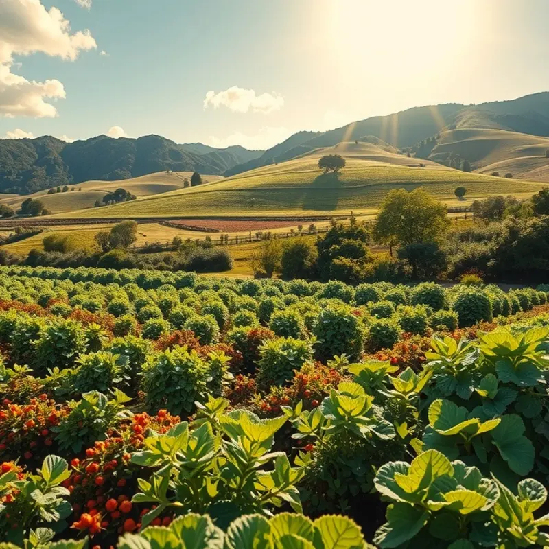 A sunlit field showcasing vibrant vegetables and fruits growing abundantly.