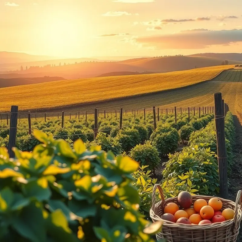 A sunlit field showcasing vibrant organic vegetables and fruits.