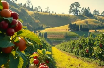 A sunlit landscape with organic vegetables and fruits growing abundantly among lush greenery.