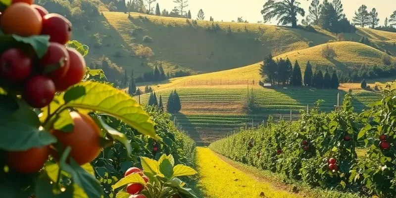 A sunlit landscape with organic vegetables and fruits growing abundantly among lush greenery.