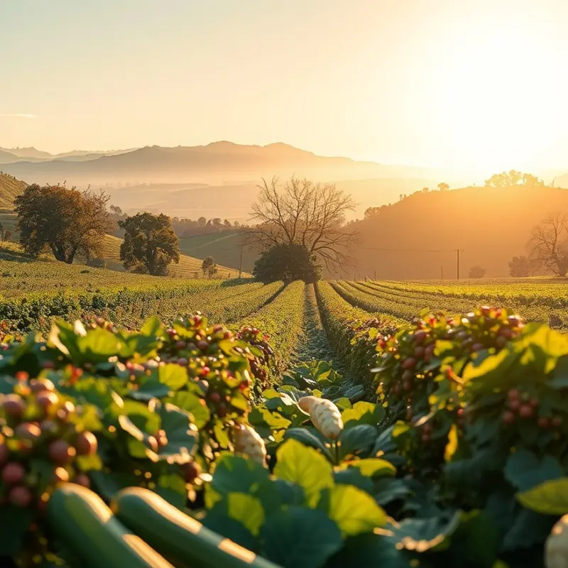 A serene sunlit field abundant with vibrant vegetables and fruits.