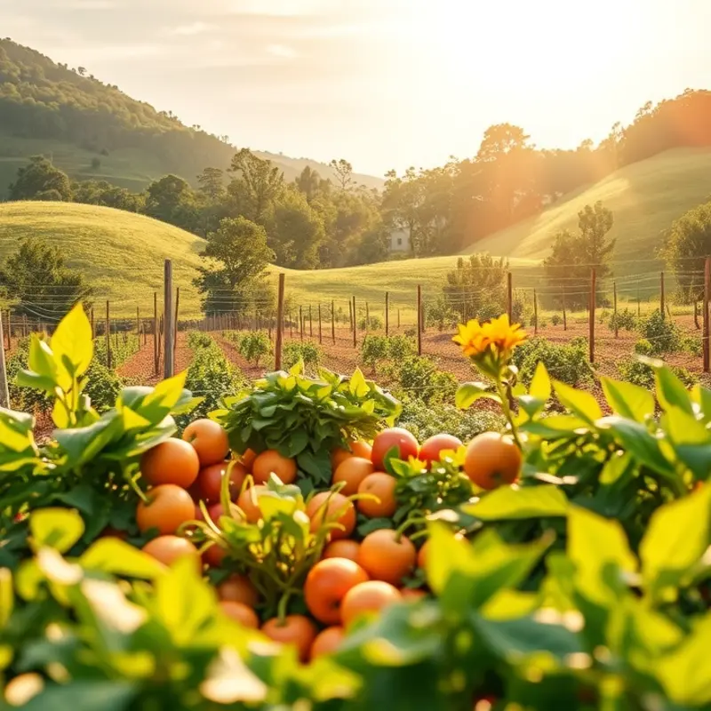 A sunlit field showcasing a vibrant array of organic fruits and vegetables ready for meal prep.