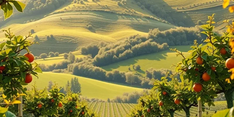 A scenic landscape filled with lush greenery and vibrant fruits displaying the beauty of organic farming.