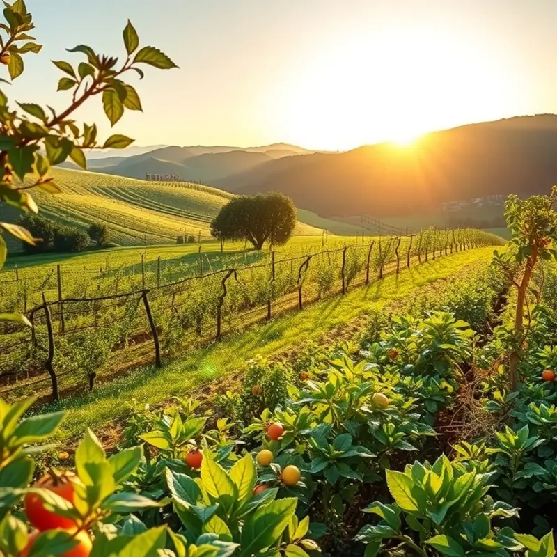 A sunlit orchard rich with colorful fruits and vegetables.