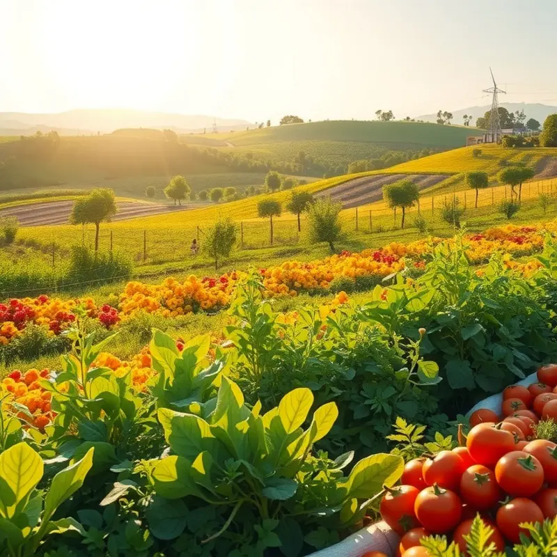 A scenic field showcasing vibrant organic vegetables and fruits.