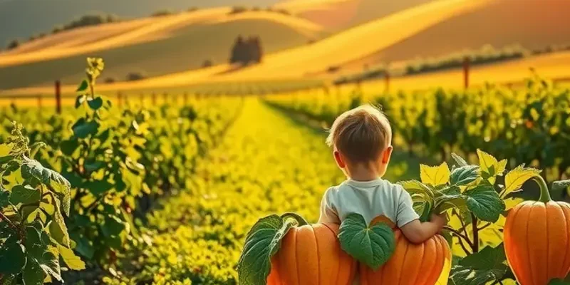 A scenic landscape showing a lush field of organic vegetables and fruits illuminated by the sun.