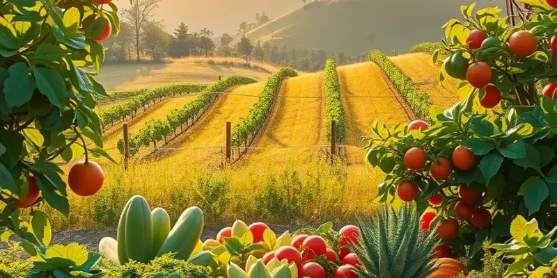 A beautiful landscape of a sunlit field filled with fresh organic produce.
