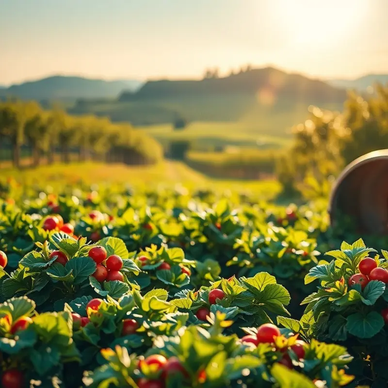 A lush organic landscape filled with vibrant vegetables and fruits.