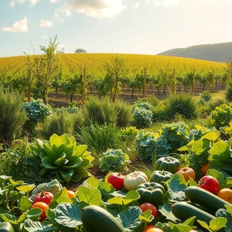 A vibrant sunlit field showcasing organic vegetables and fruits, representing freshness.