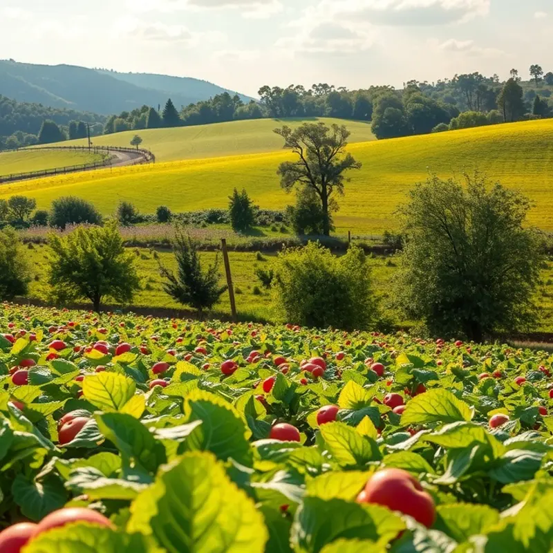 A vibrant sunlit field showcasing the richness of organic vegetables and fruits.