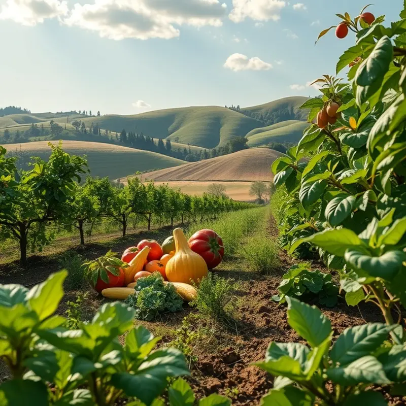 A lush orchard filled with vibrant fruits and vegetables under soft sunlight, symbolizing health and nourishment.