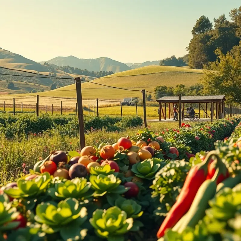 A sunlit orchard filled with vibrant organic fruits and vegetables.