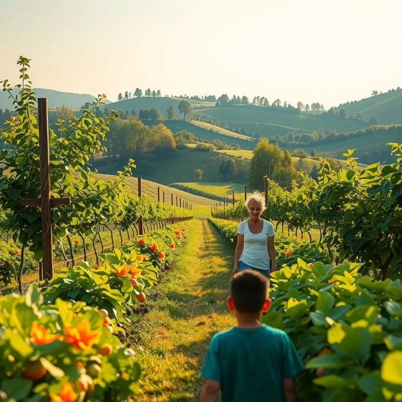 A sunlit orchard filled with organic fruits and vegetables.