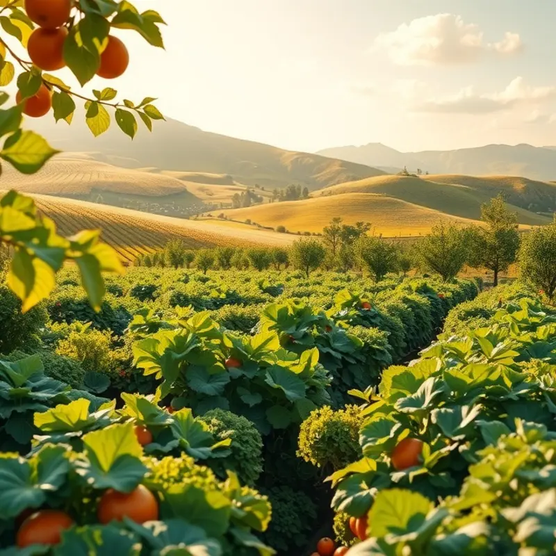 A sunlit orchard showcasing vibrant fruits and vegetables that highlight the freshness of organic produce.