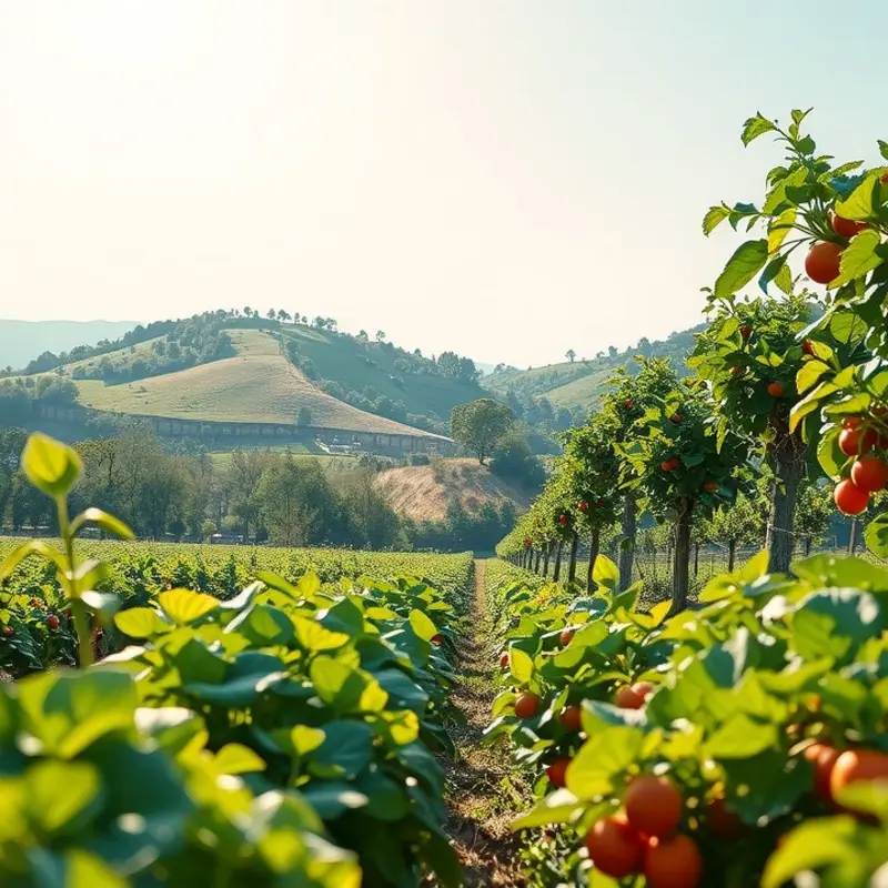 A sunlit field showcasing vibrant vegetables and fruits.