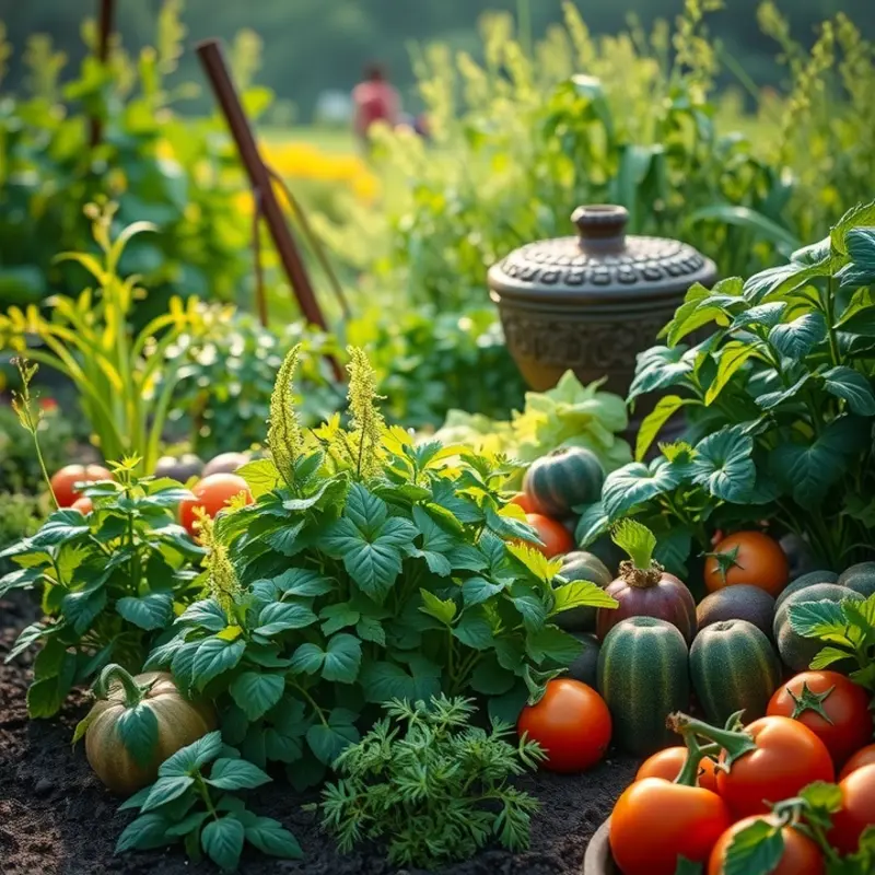 A sunlit orchard showcasing fresh vegetables and fruits, perfect for homemade broth ingredients.