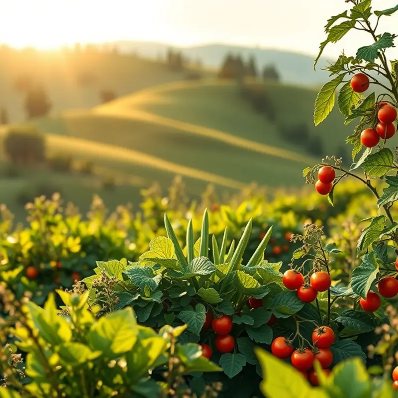 A sunlit orchard showcasing a bountiful harvest of organic vegetables.