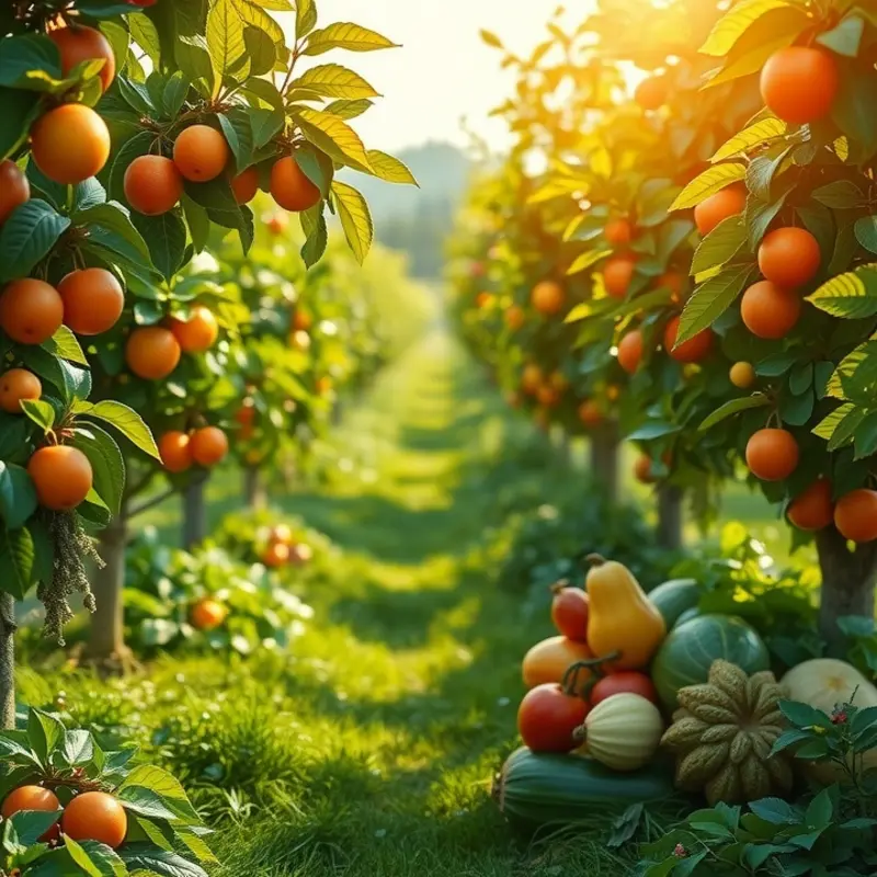 A sunlit orchard filled with vibrant fruits and vegetables, representing the abundance of nature.