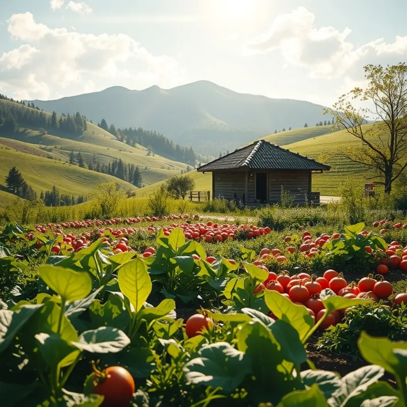 A sunlit organic orchard bursting with vibrant produce.
