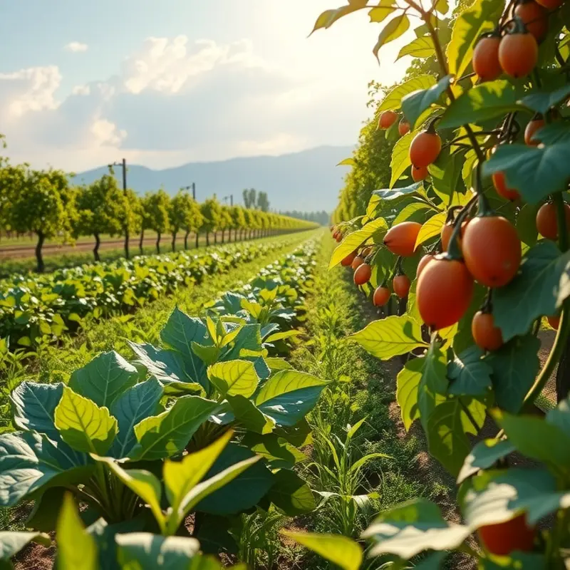 A sunlit orchard showcasing abundant organic produce.