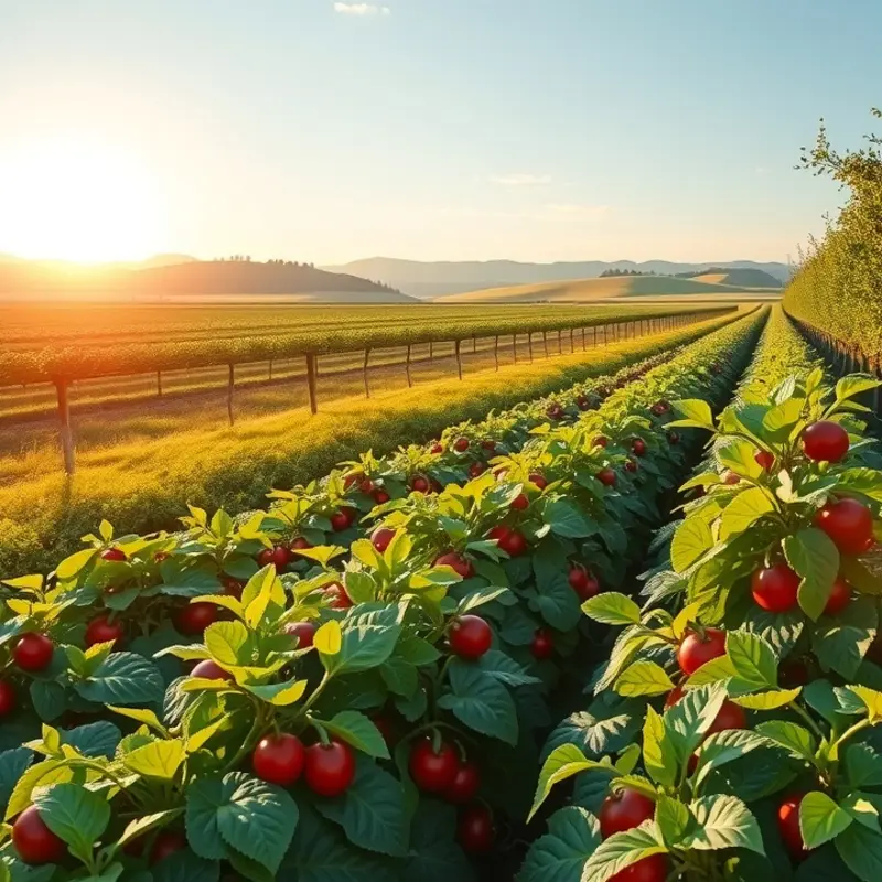 A sunlit orchard filled with fresh vegetables and fruits.