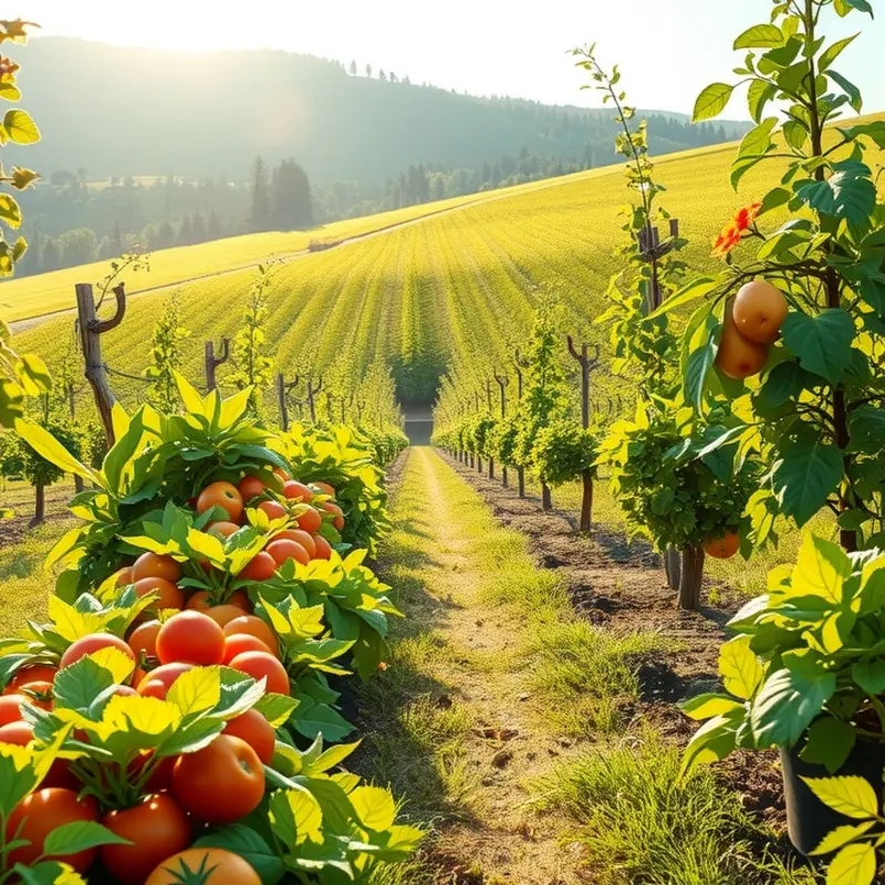 A vibrant orchard filled with fresh vegetables and fruits, representing the ingredients for a delicious lasagna.