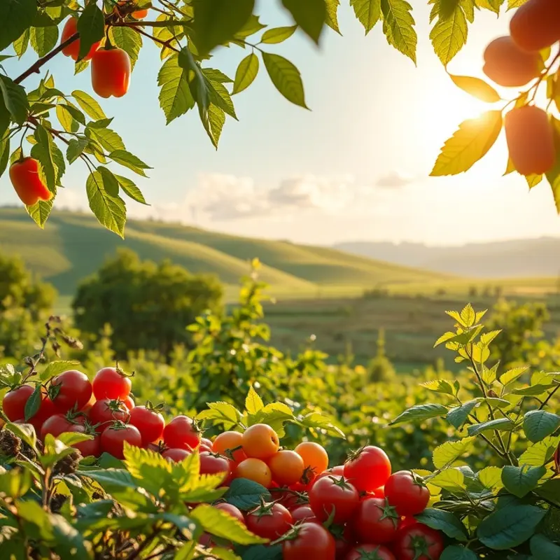 A vibrant sunlit orchard filled with organic produce represents freshness.