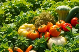 A vibrant sunlit field filled with healthy vegetables and fruits among lush greenery.