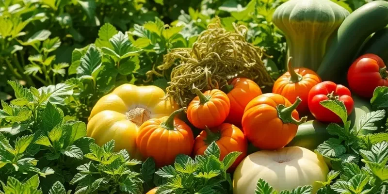 A vibrant sunlit field filled with healthy vegetables and fruits among lush greenery.