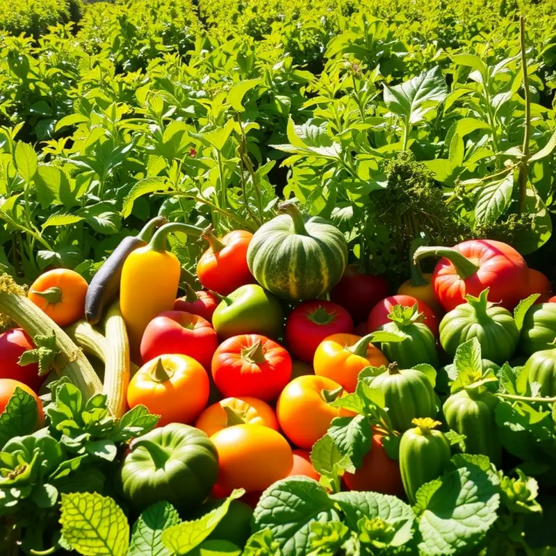 A scenic view of vegetables and fruits in a sunlit field, representing freshness.