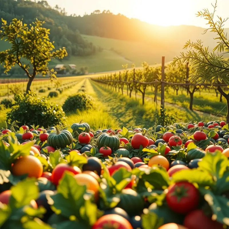 A serene landscape showcasing abundant fruits and vegetables, representing the natural sources of vitamin B12.