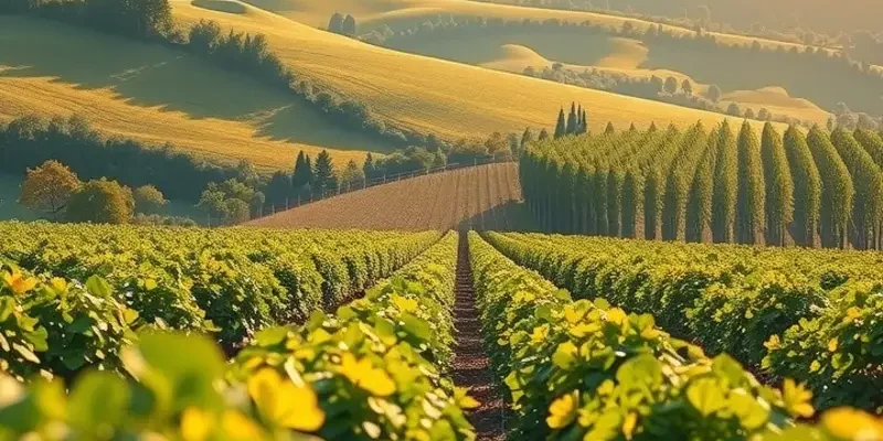 A vibrant orchard where vegetables and fruits grow under soft sunlight.