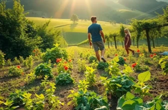 A scenic view of an organic landscape filled with healthy fruits and vegetables under warm sunlight.
