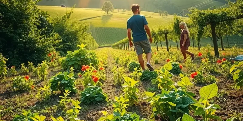 A scenic view of an organic landscape filled with healthy fruits and vegetables under warm sunlight.