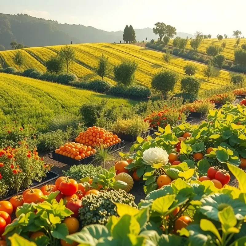 A sunlit organic orchard with vibrant fruits and lush greenery.