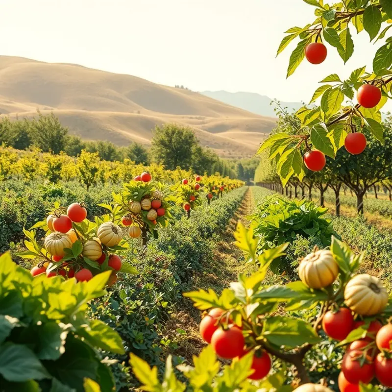 A sunlit organic orchard with vibrant fruits and lush greenery.