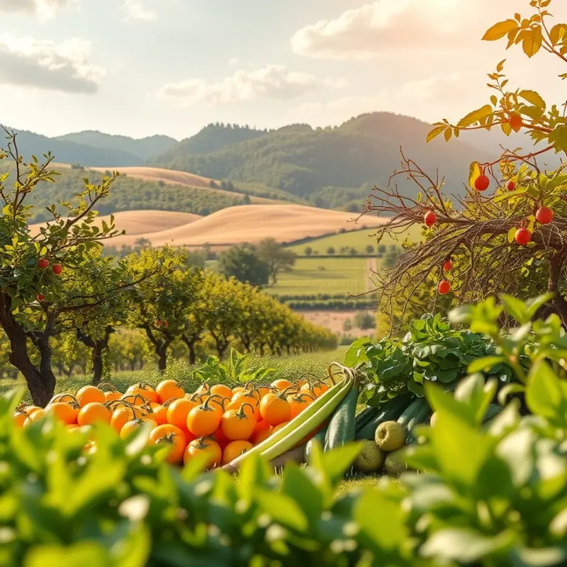 A vibrant sunlit field showcasing a diverse selection of organic vegetables and fruits.