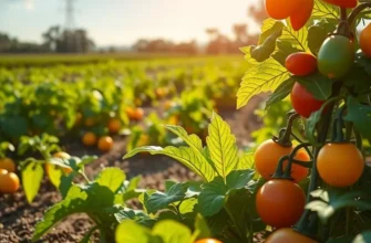 A scenic sunlit field with lush greenery and vibrant vegetables and fruits representing organic nutrition.