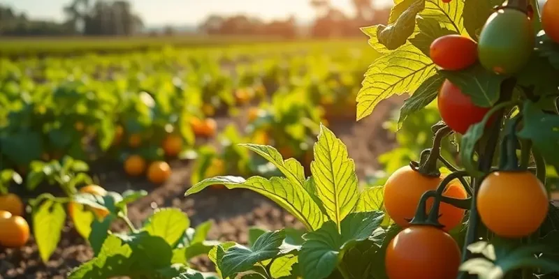 A scenic sunlit field with lush greenery and vibrant vegetables and fruits representing organic nutrition.