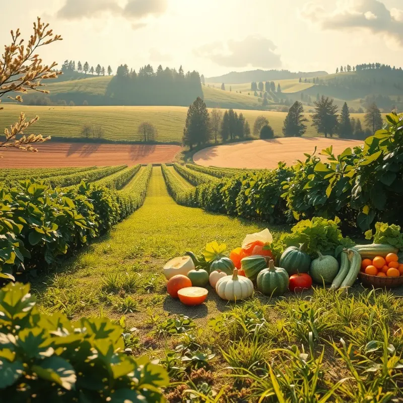 A vibrant sunlit field filled with organic grains and vegetables.