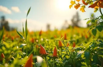 Photorealistic landscape depicting a vibrant field of organic spices and vegetables.